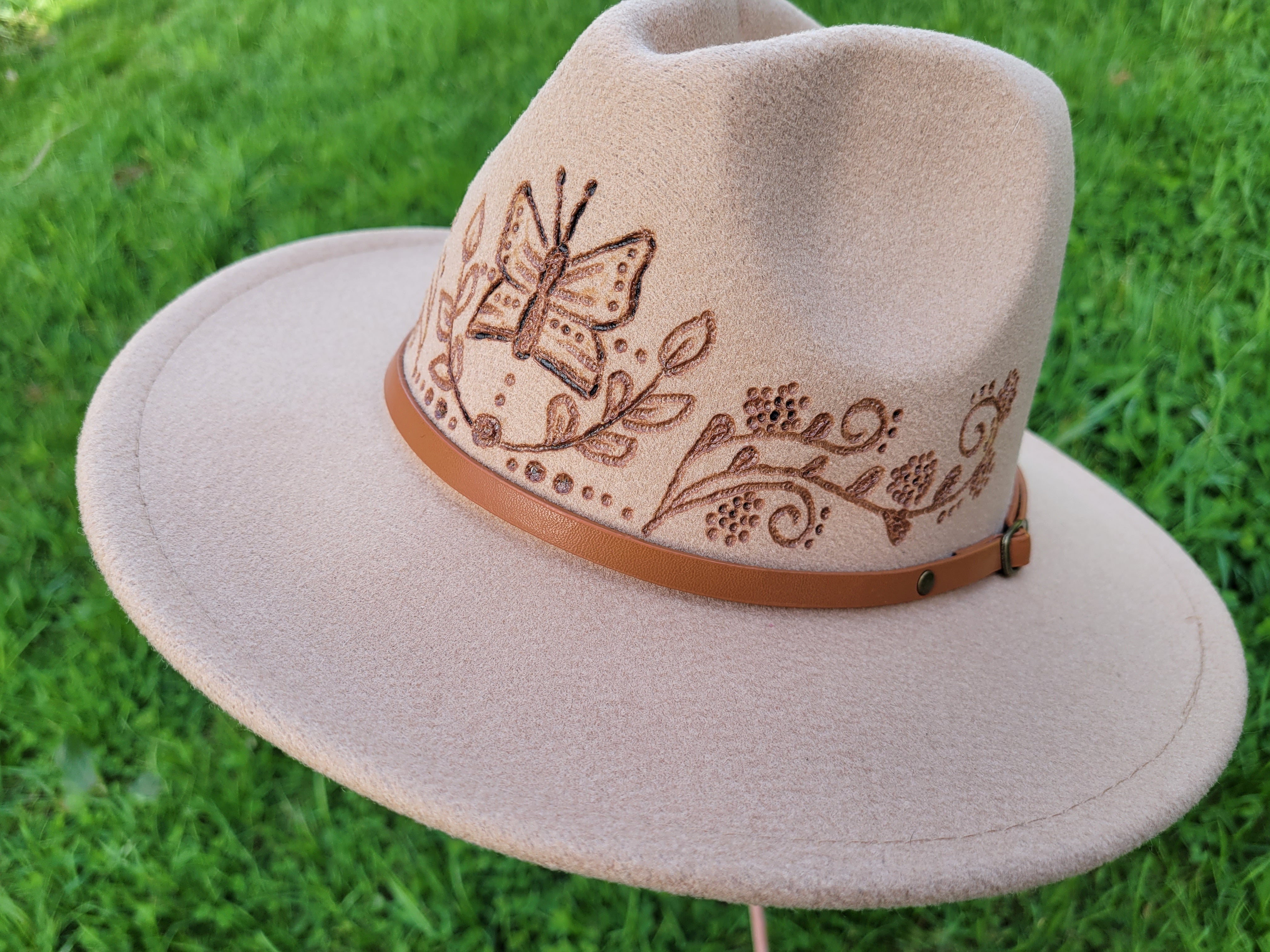 Hand-Painted Straw Fedora Hat • Wide Brim‎ Boho Butterfly Floral Sun Hat Floral Butterfly Burned Hat, Floral Engraved Cowboy Hat  main image 3