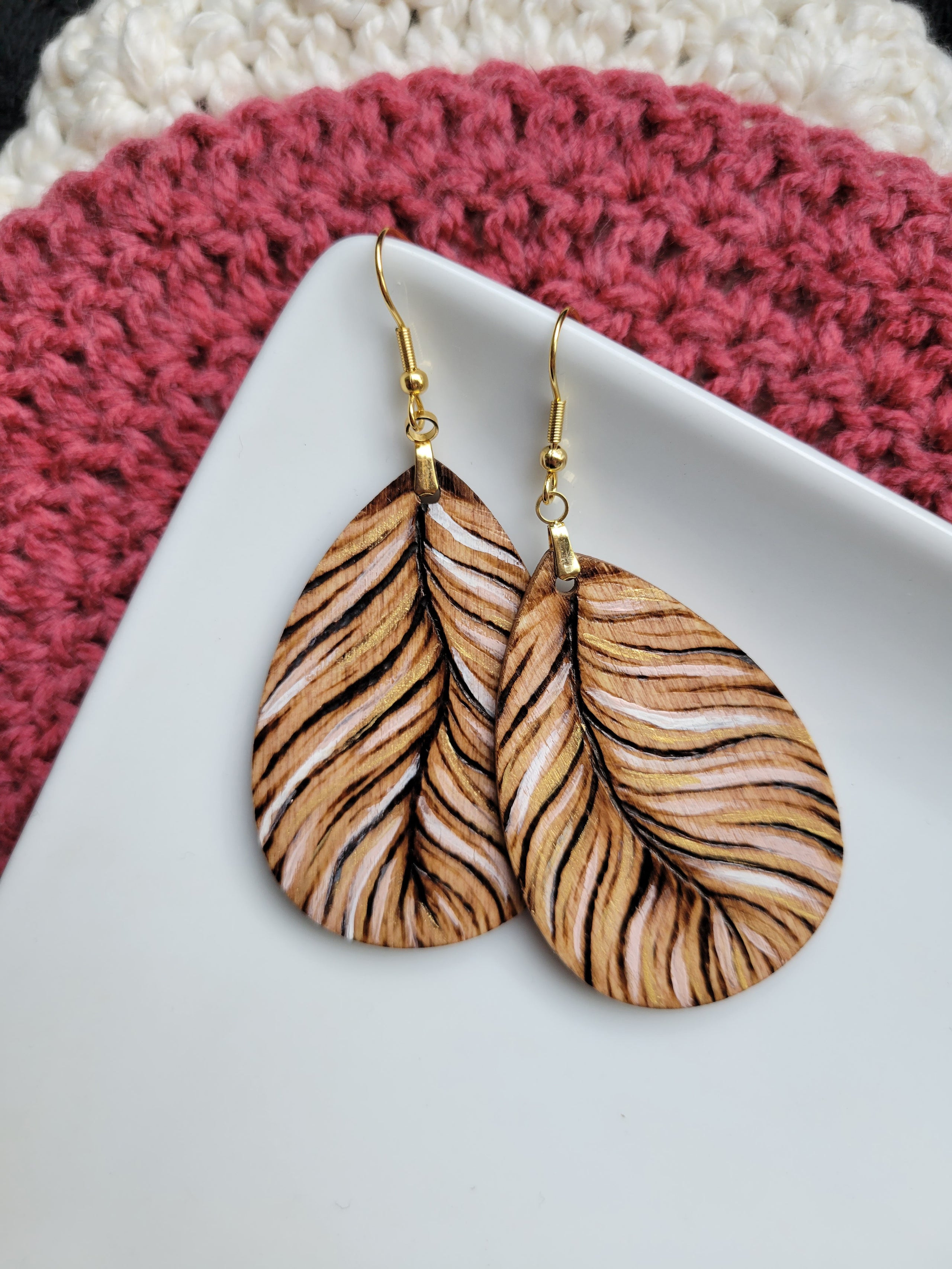 Wonder To Be Wild Wooden Teardrop Feather Rose Gold Dangle Earrings Wonder To Be Wild Creative Studio